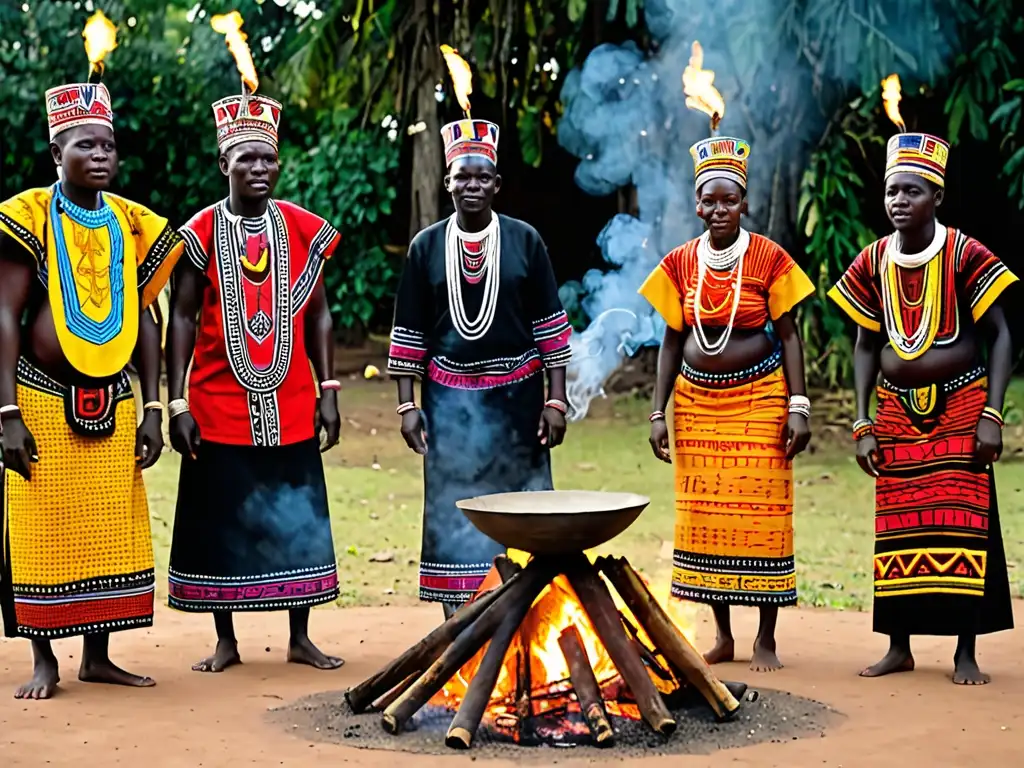 Villagers africanos danzando alrededor de una fogata, honrando a sus antepasados