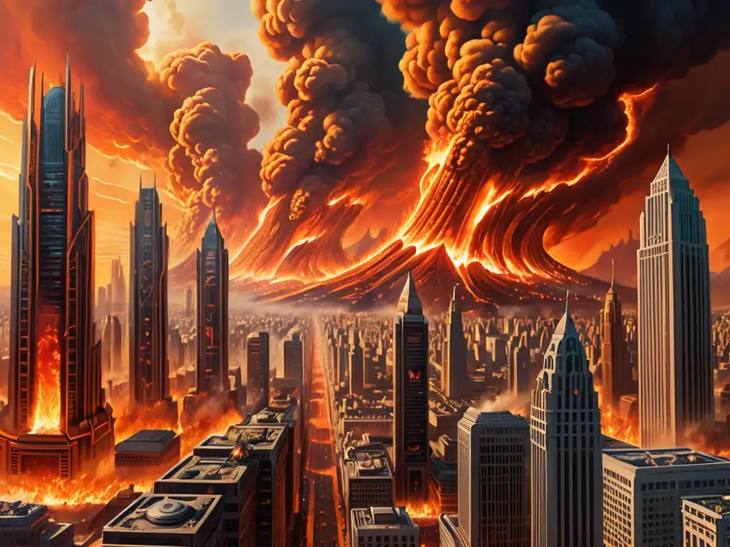 Una visión futurista de la ciudad en llamas, inspirada en el mito de Prometeo y su fuego