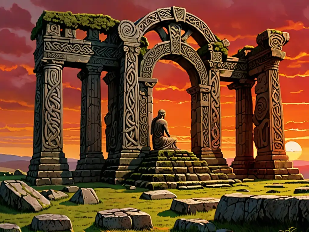 Visiones celtas apocalipsis mitología: Ilustración detallada de ruinas celtas en un atardecer rojizo con símbolos y una figura solitaria