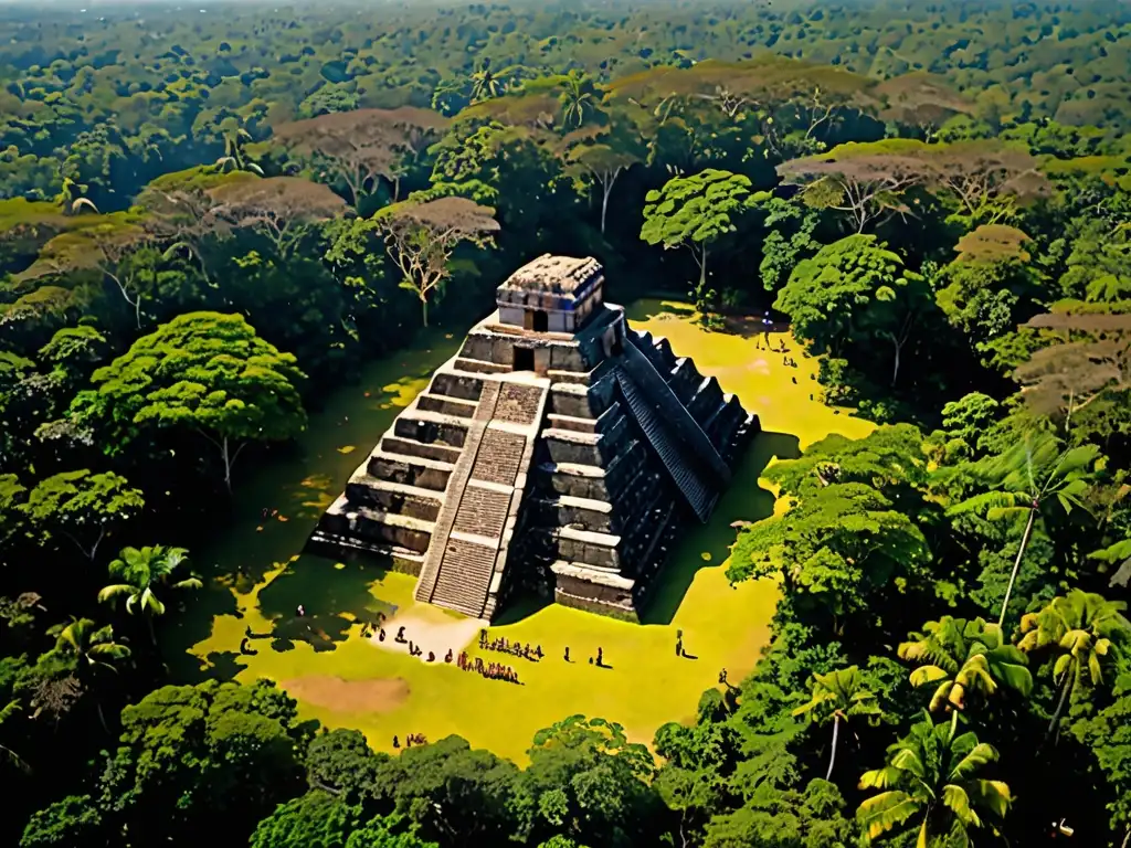 Vista aérea de una antigua ciudad maya en la selva con ruinas y arqueólogos, evocando la arqueología de las ciudades perdidas