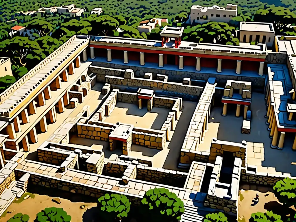 Vista aérea de las antiguas ruinas del Palacio de Knossos en Creta, Grecia, con paisajes exuberantes