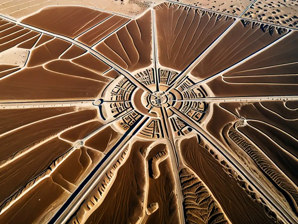 Vista aérea detallada de las míticas líneas de Nazca, con intrincados diseños en el suelo del desierto