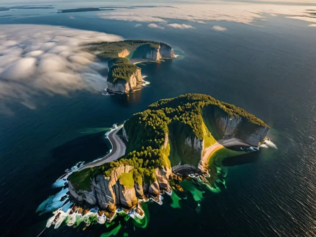 Vista aérea dramática del Mar Báltico con isla misteriosa rodeada de niebla, evocando el misterioso destino de la Atlántida del Báltico