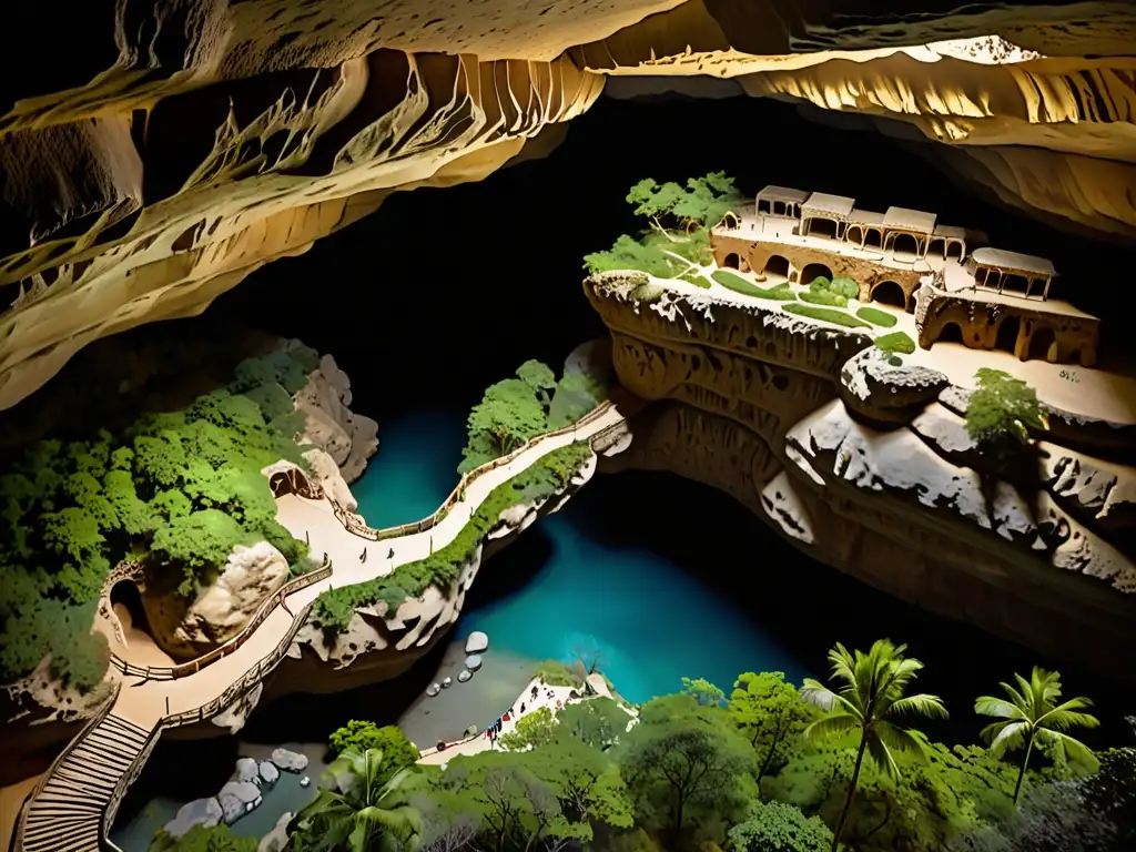 Vista aérea de la enigmática Cueva de los Tayos, revelando su intrincada red de entradas y pasajes, en un paisaje de vegetación exuberante