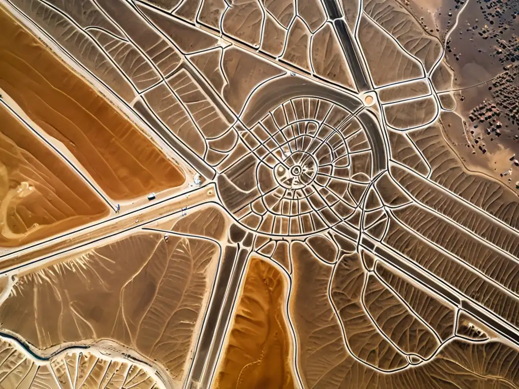 Vista aérea de las enigmáticas y precisas figuras geométricas de las míticas líneas Nazca en el desierto