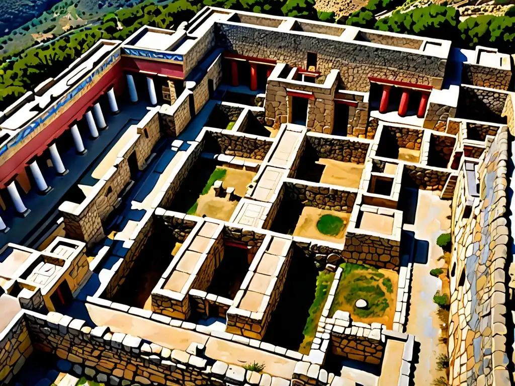 Vista aérea impresionante de las antiguas ruinas de Knossos en Creta, revelando el laberinto del Minotauro y su atmósfera mítica