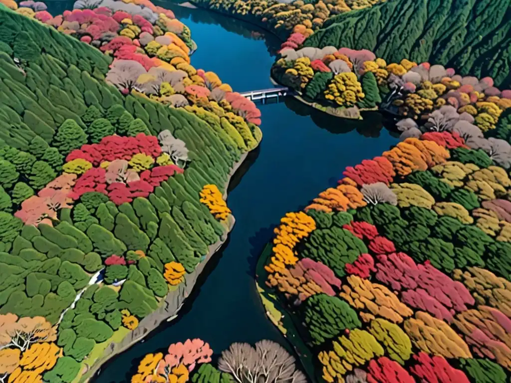 Vista aérea impresionante de los bosques de Japón con río, montañas, y el espíritu de la Princesa Kaguya leyenda japonesa