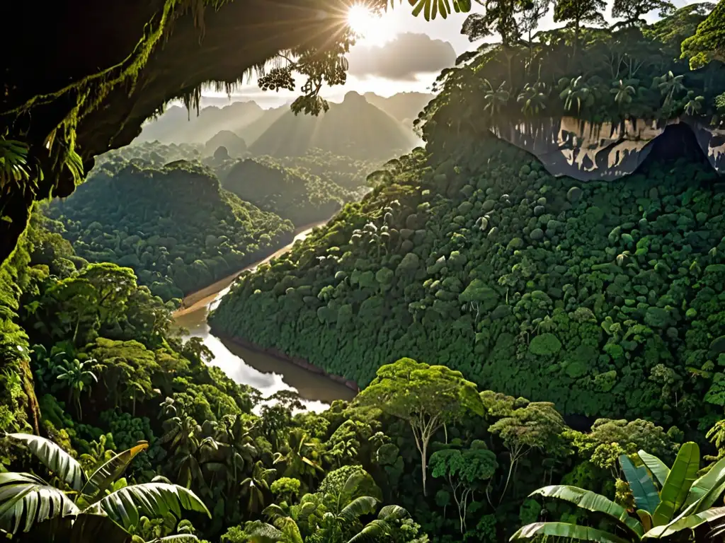Vista aérea impresionante de la exuberante selva ecuatoriana con la Cueva de los Tayos en Ecuador, creando una atmósfera misteriosa y etérea