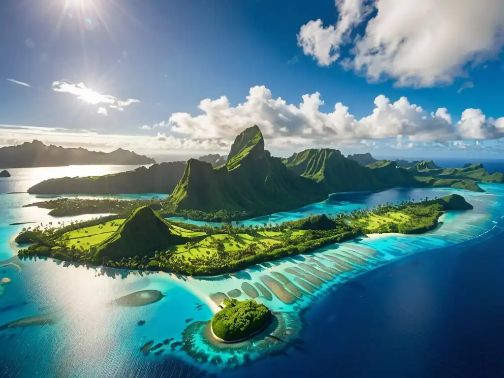 Vista aérea impresionante de las islas polinesias, con aguas azules vibrantes y exuberantes paisajes verdes