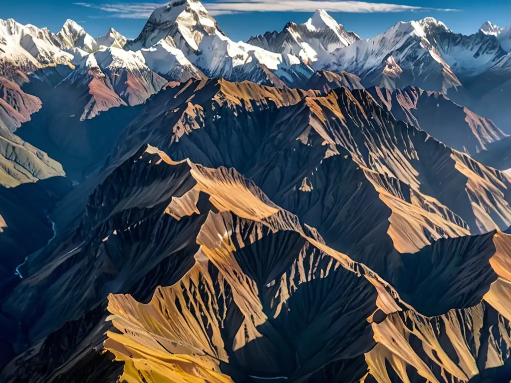 Vista aérea impresionante de la majestuosa cordillera de los Andes, con picos nevados y valles profundos, iluminados por el sol matutino