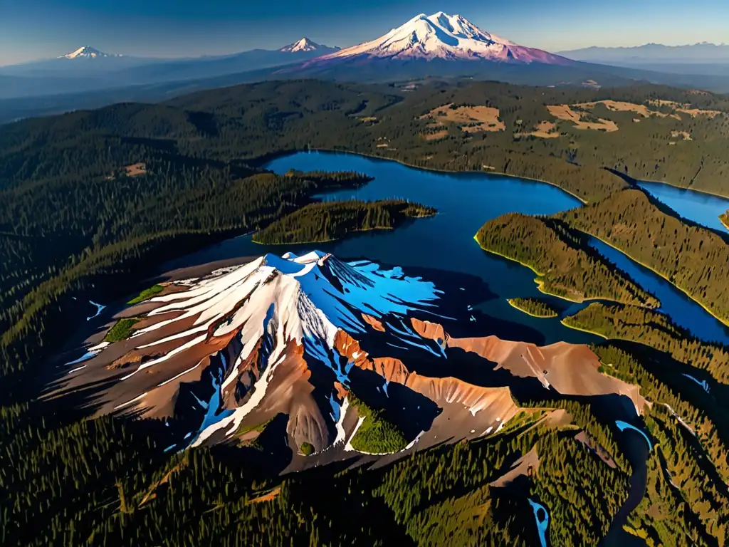 Vista aérea impresionante del majestuoso Monte Shasta con su pico nevado, rodeado de bosques verdes y un lago sereno