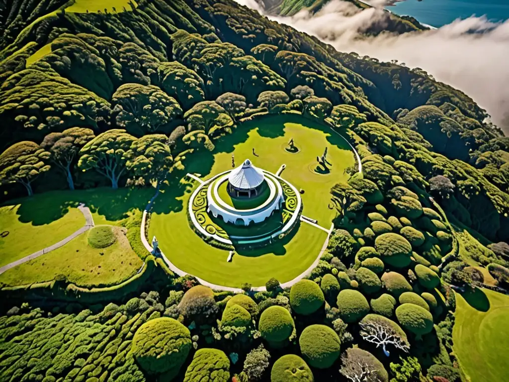 Vista aérea impresionante de paisajes verdes de Nueva Zelanda con un marae maorí entre la belleza natural, evocando la conexión espiritual y las creencias de reencarnación de la cultura maorí