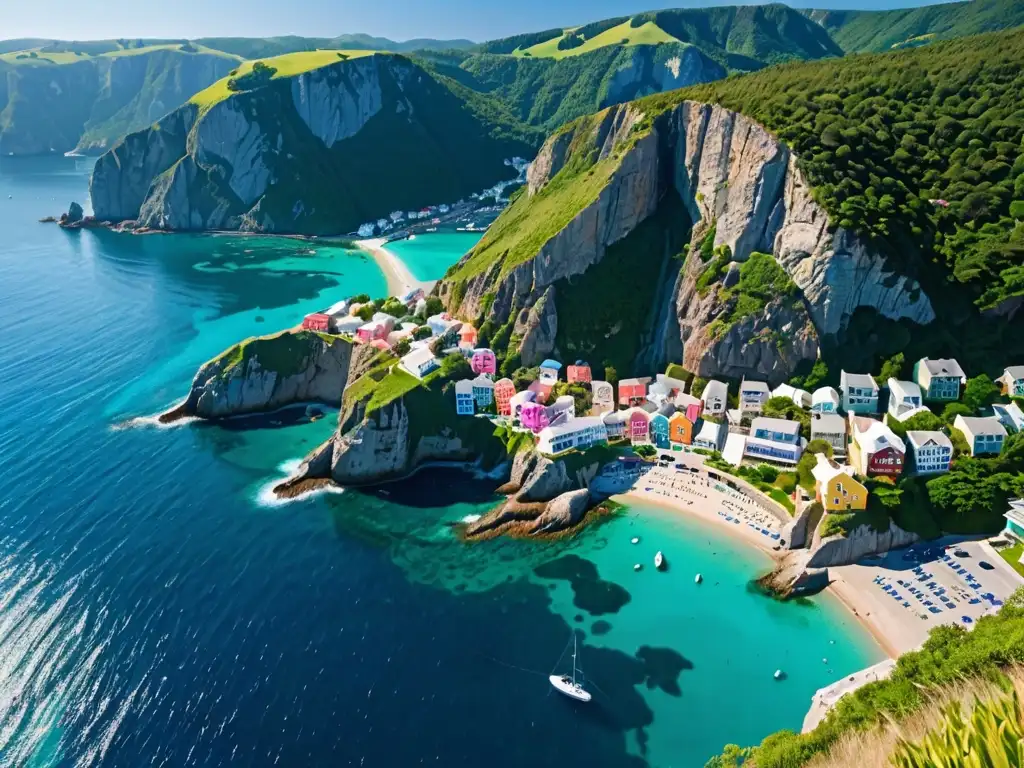 Vista aérea impresionante de un pueblo costero entre acantilados, con aguas turquesas cristalinas