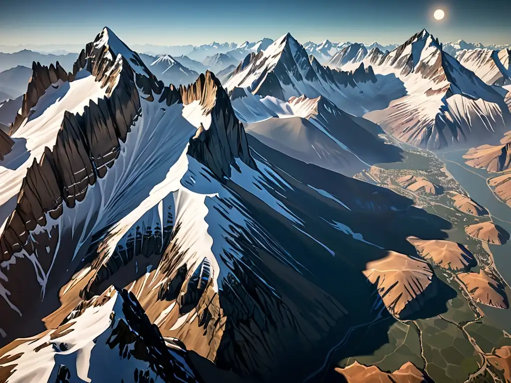 Vista aérea de una majestuosa y nevada cordillera, evocando el ascenso mitológico en 'Celeste'