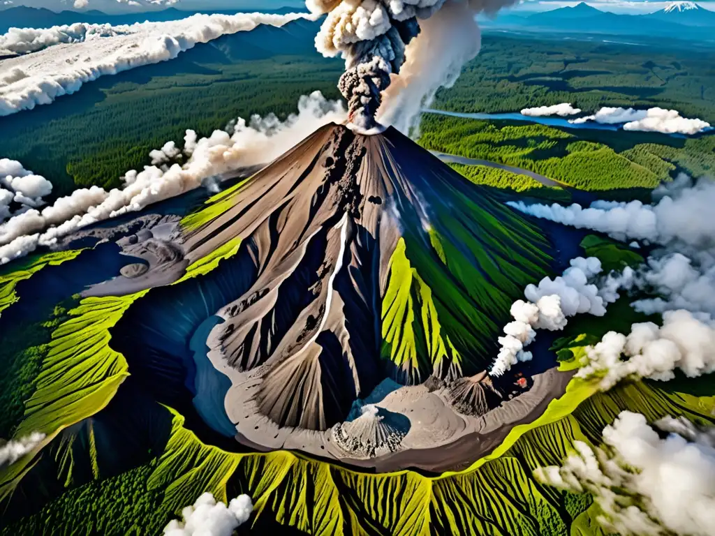 Vista aérea de un majestuoso volcán nevado con fumarolas, rodeado de paisaje verde exuberante, evocando mitos de creación en volcanes