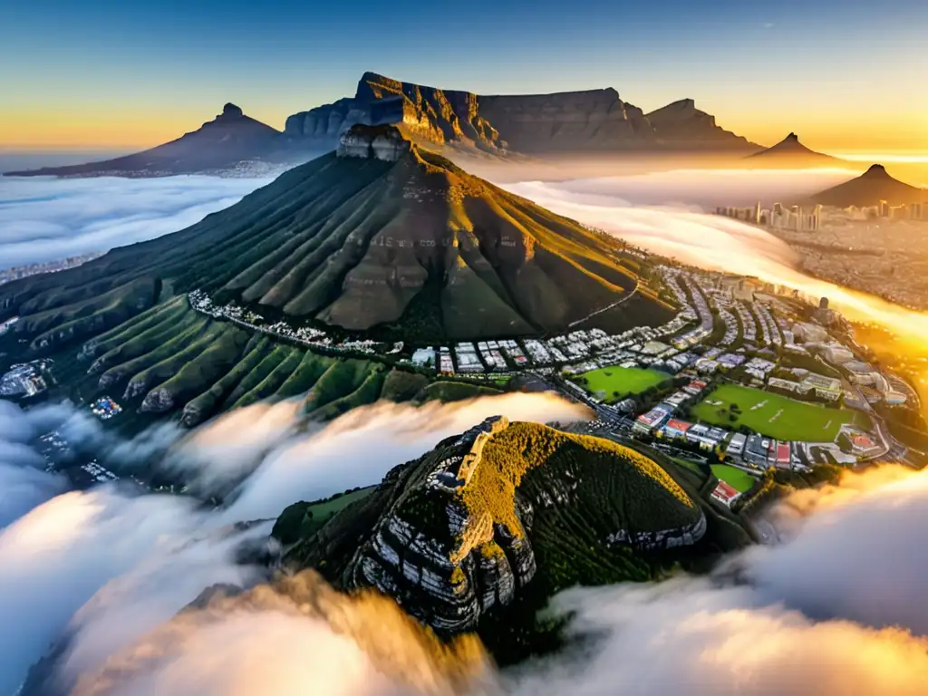 Vista aérea de la Montaña de la Mesa envuelta en misterio, con la luz dorada del atardecer y la ciudad de Ciudad del Cabo a lo lejos