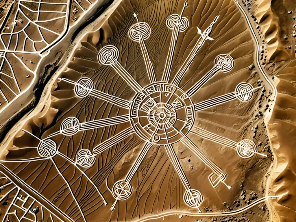 Vista aérea de alta resolución de las misteriosas y enigmáticas líneas de Nazca, destacando las interpretaciones míticas de los geoglifos