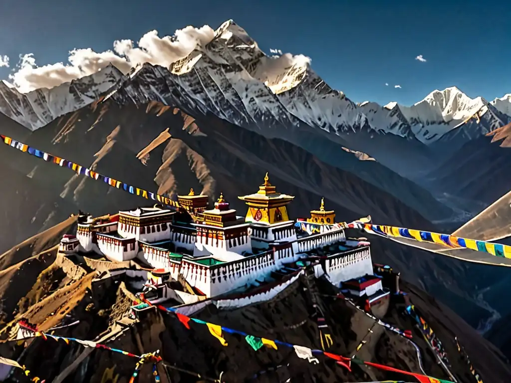 Vista aérea de los picos nevados del Himalaya, con un monasterio tibetano y coloridas banderas de oración