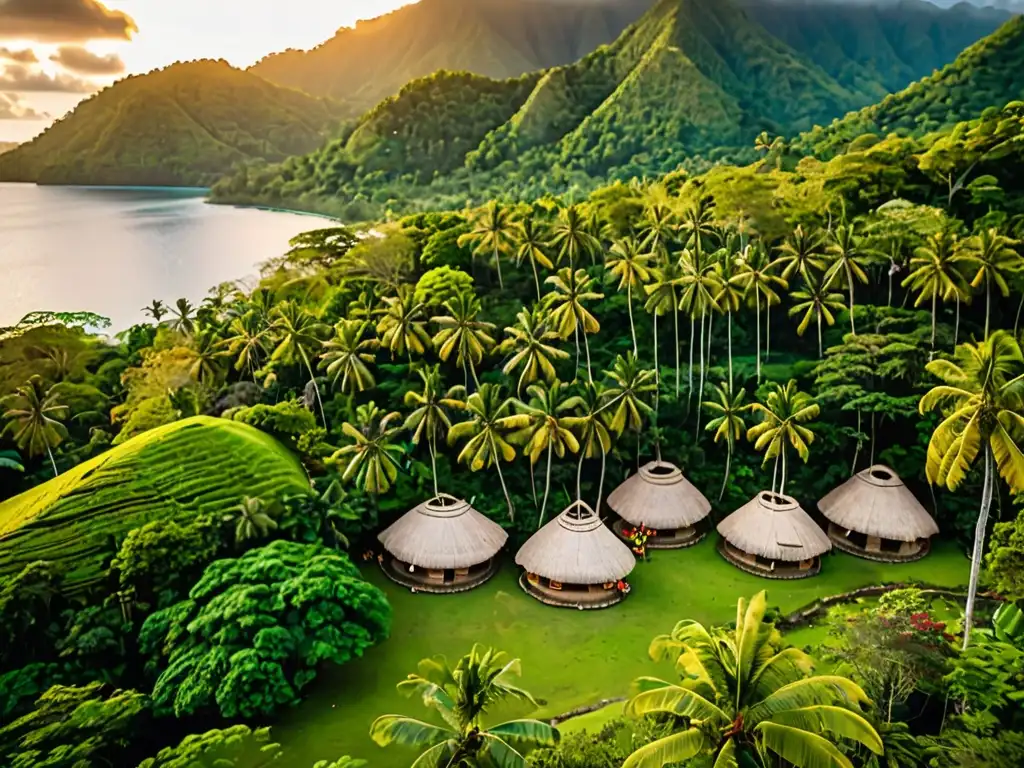 Vista aérea de un pintoresco pueblo tradicional de Vanuatu en medio de exuberantes montañas verdes, reflejando los mitos y leyendas de Vanuatu