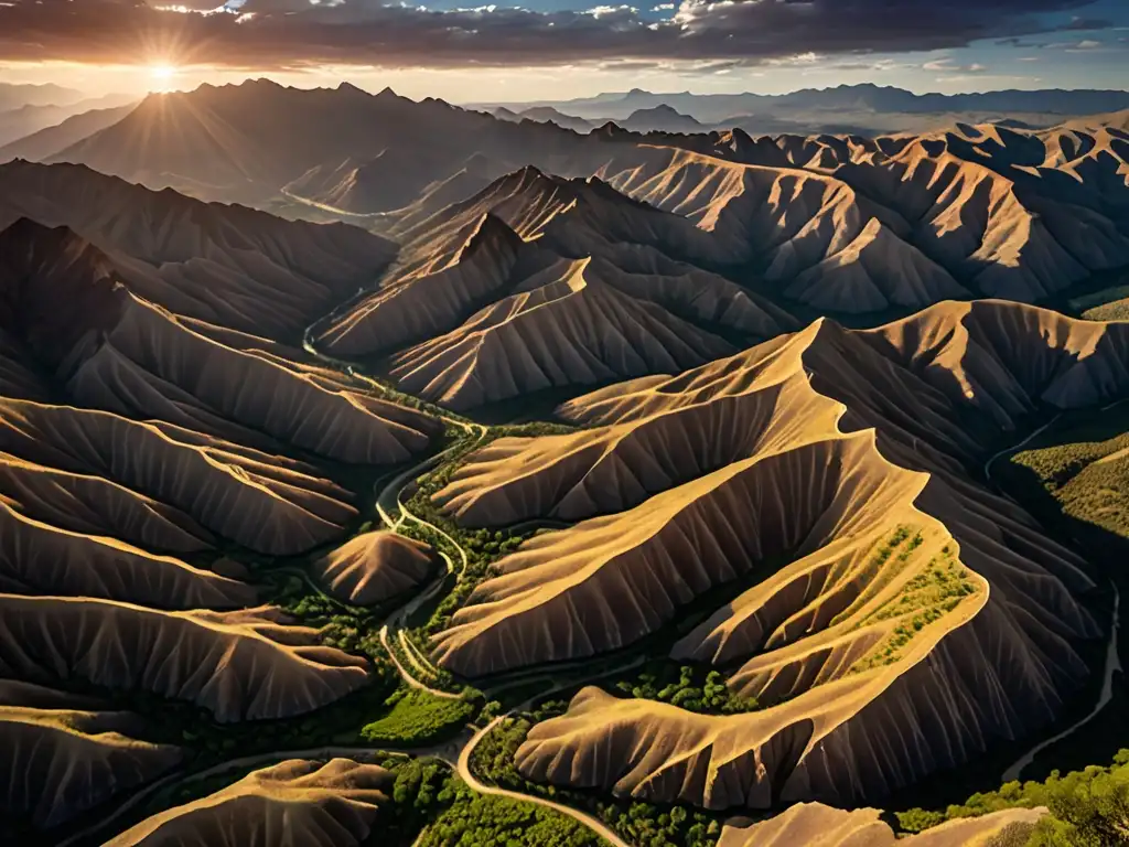 Valle del Cobre: Desolación y Belleza Vista aérea del Valle del Cobre al atardecer, con su terreno rugoso y sombras alargadas
