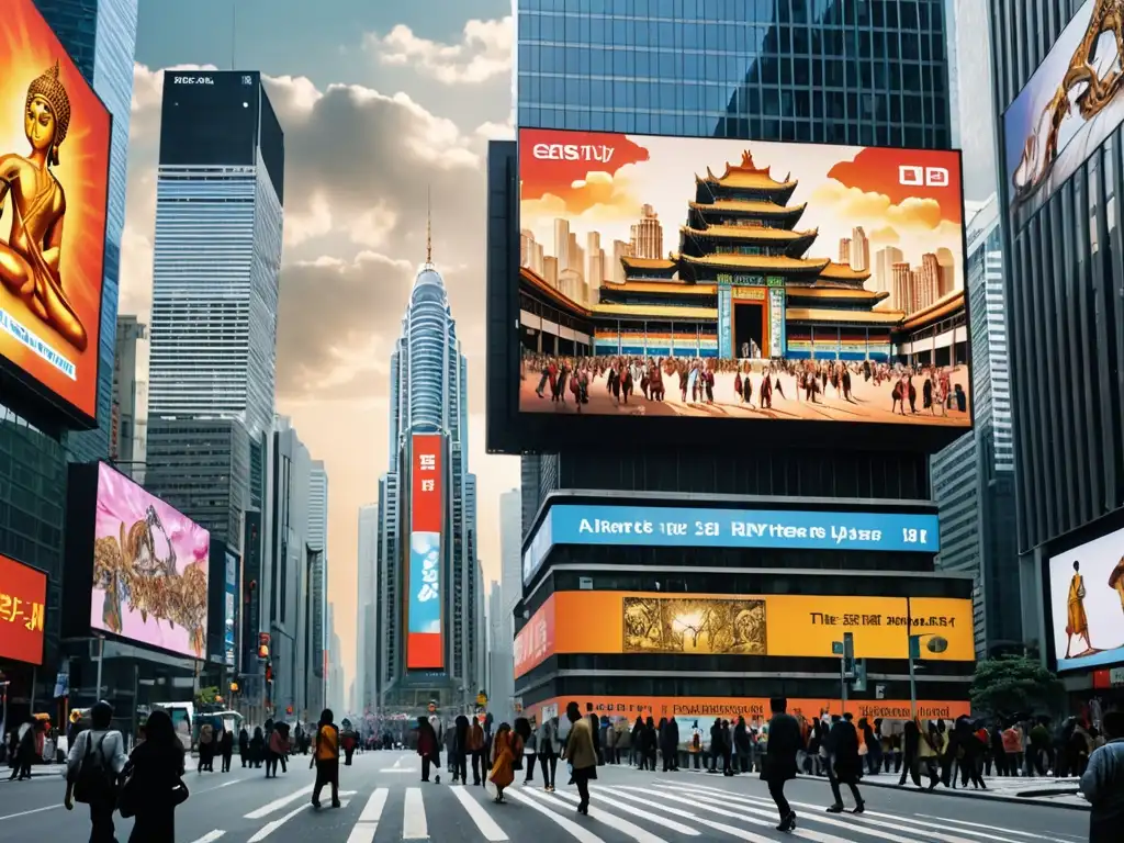 Vista de la calle de la ciudad con letrero digital mostrando escena mitológica, reflejando el contraste entre mitos antiguos y la sociedad moderna