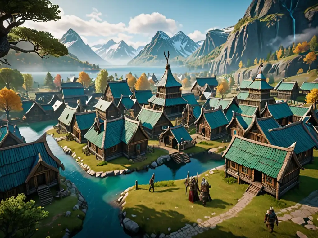 Vista detallada de la asombrosa aldea vikinga en Asgard, con el majestuoso Yggdrasil