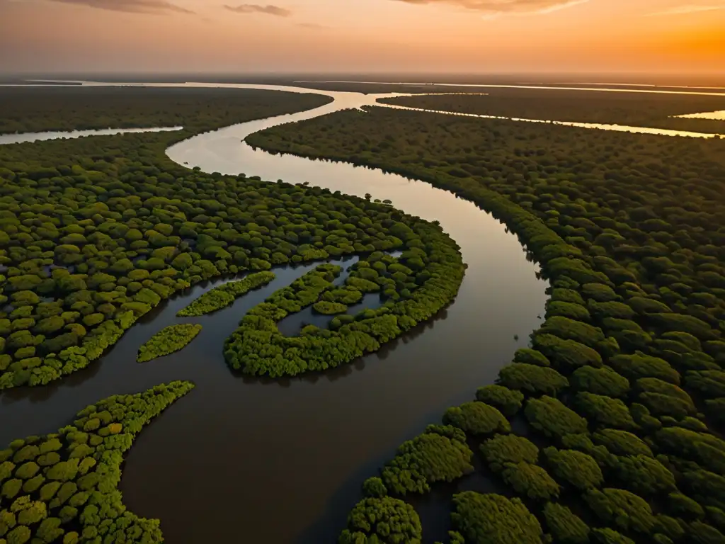 Vista detallada del atardecer en el Delta del Río Gambia, con siluetas de manglares y el enigmático Ninki Nanka, mito y leyenda del folklore gambiano