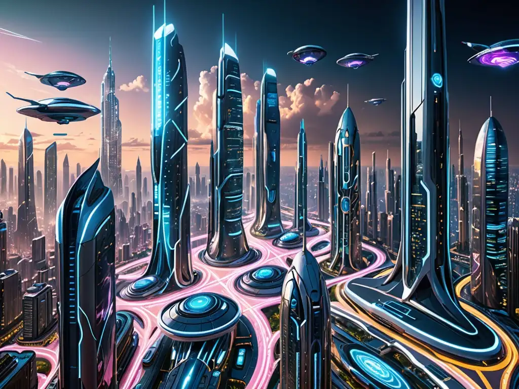 Vista futurista de una ciudad con rascacielos y tecnología avanzada, reflejando la inmortalidad en mitos y leyendas