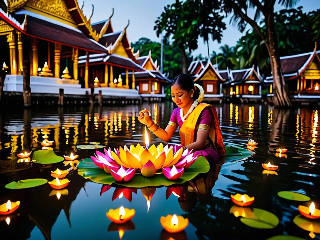 Vista impresionante del Festival Loy Krathong Tailandia con krathong flotando en el río iluminado por velas, rodeado de templos y casas tradicionales