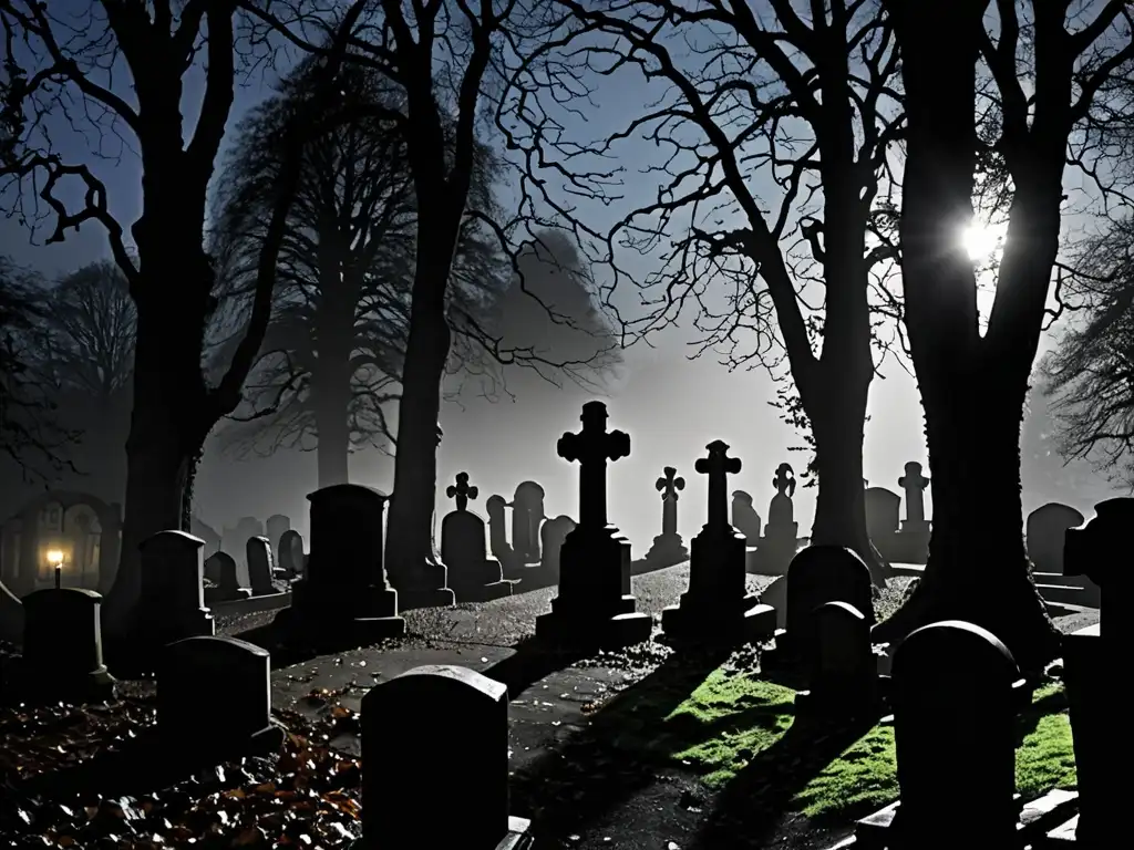 Vista inquietante del Cementerio de Highgate iluminado por la luna, con sombras ominosas entre las tumbas antiguas y la silueta de un ser con ojos brillantes