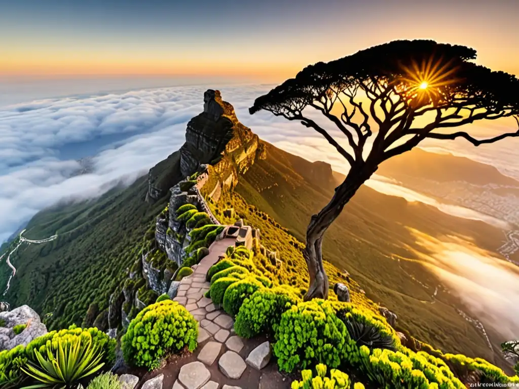 Vista aérea mágica de la Montaña de la Mesa envuelta en niebla, con el sol poniéndose detrás, resaltando los mitos y leyendas de la Montaña de la Mesa