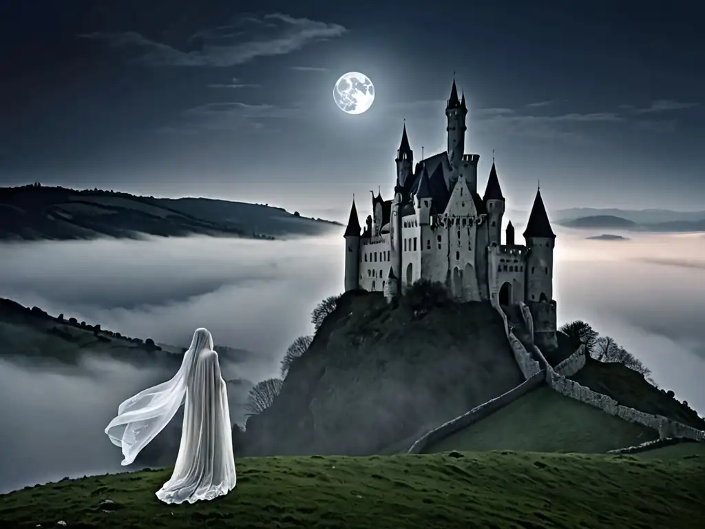 Vista misteriosa de un castillo envuelto en niebla, con la Dama Blanca en las almenas