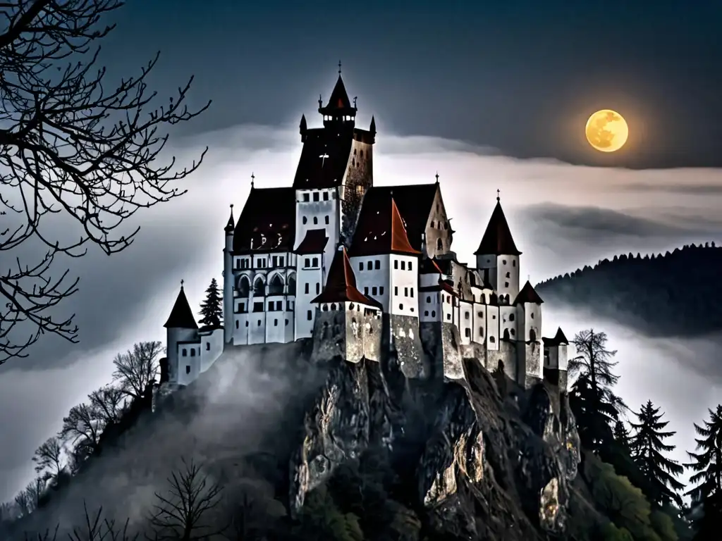 Una vista misteriosa y lúgubre del Castillo de Bran en Transilvania, Rumania, evocando los Orígenes del mito de Drácula