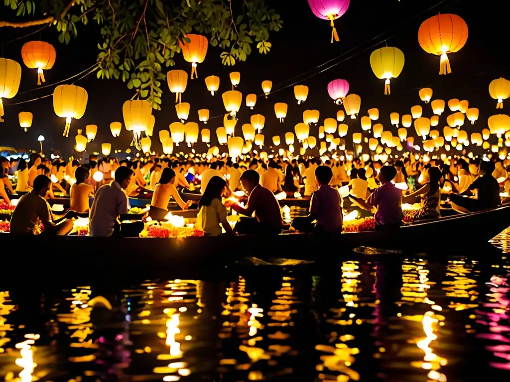 Vista nocturna del bullicioso Festival Loy Krathong en Tailandia, con lanzamiento de krathongs al río, música y linternas coloridas
