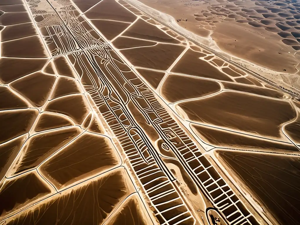 A vista de pájaro de las misteriosas y precisas líneas de Nazca, con intrincados diseños geométricos