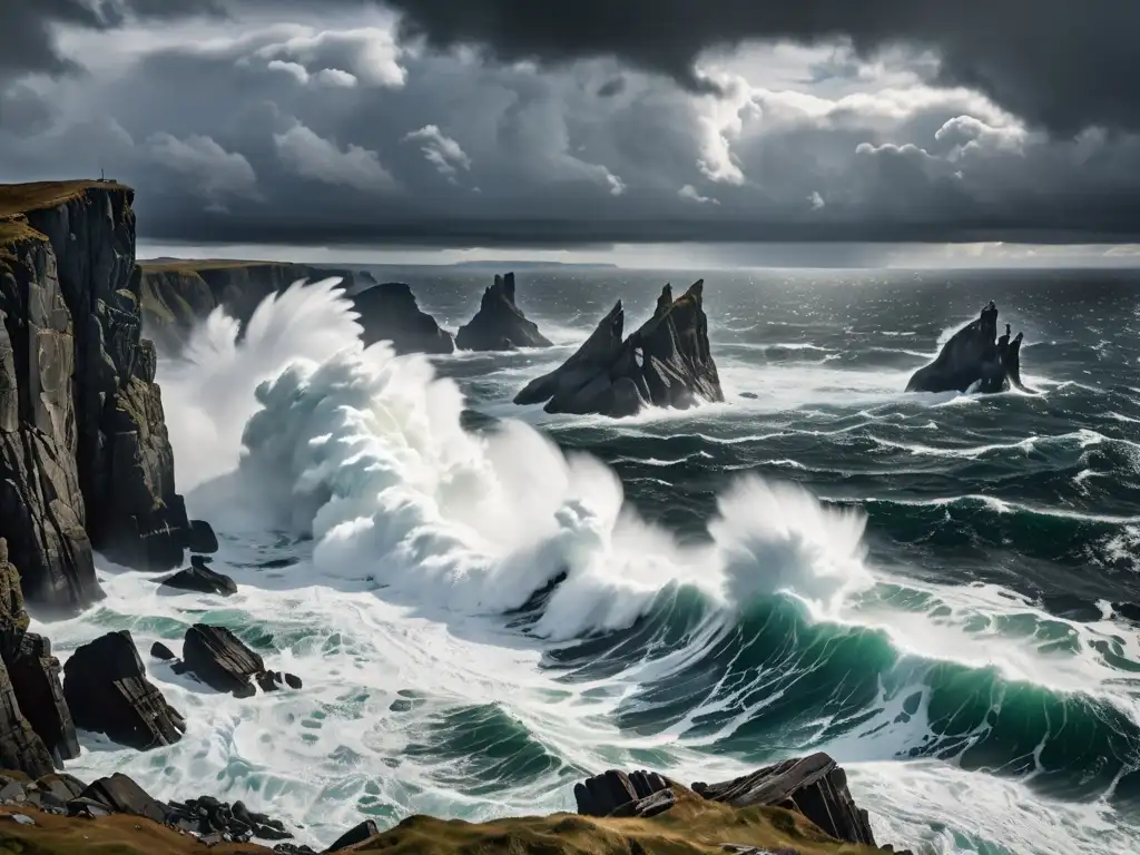 Vista panorámica de la costa escandinava, con el mar embravecido y nubes ominosas, evocando a los Dioses del mar en la mitología nórdica