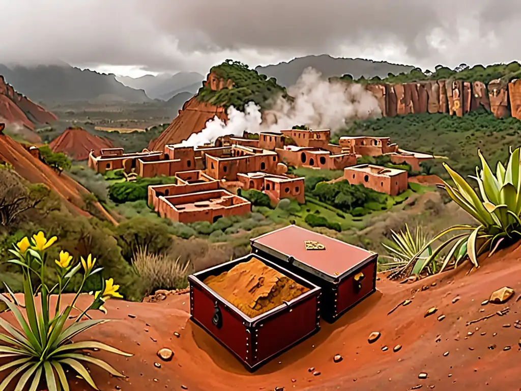 Valle del Cobre: Ruinas antiguas y tesoro misterioso Vista panorámica del Valle del Cobre, con ruinas nativas, un cofre enterrado y una misteriosa atmósfera de la Maldición del Tesoro Valle Cobre