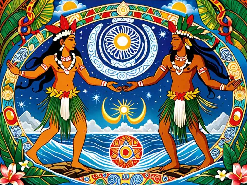 Comparación visual de mitos de creación semita y polinesia con deidades en acción