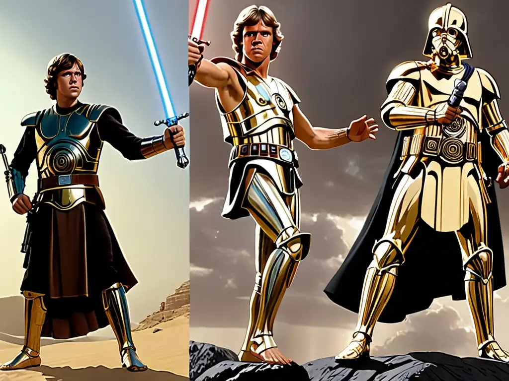 Comparación visual entre Luke Skywalker y Perseo, resaltando paralelismos entre Star Wars y mitología