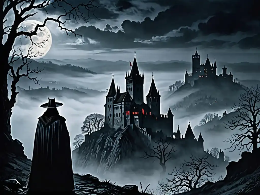 Vlad el Empalador en paisaje tenebroso de Transilvania, evocando los Orígenes del mito de Drácula con su mirada intensa