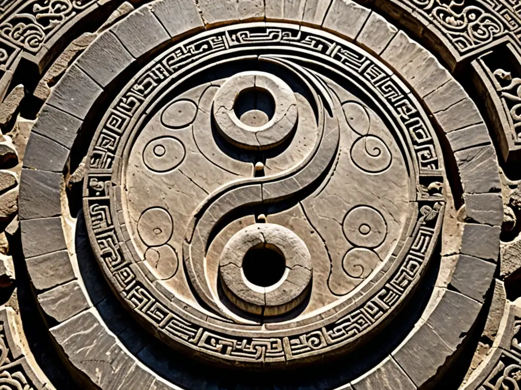 Una representación de yin y yang esculpida en una tableta de piedra, con detalles intrincados, en medio de ruinas antiguas